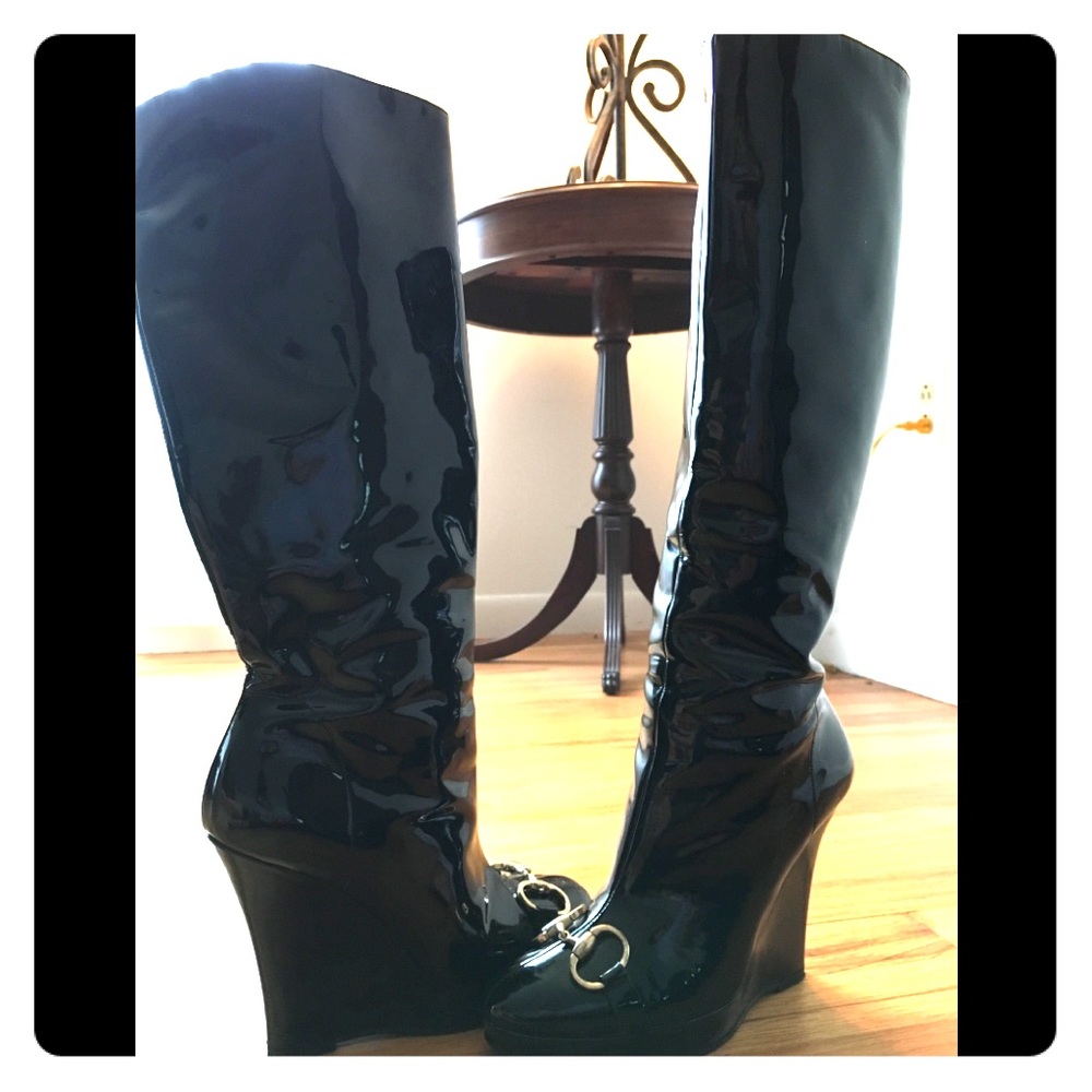 Gucci Patent Knee High Horsebit Wedge